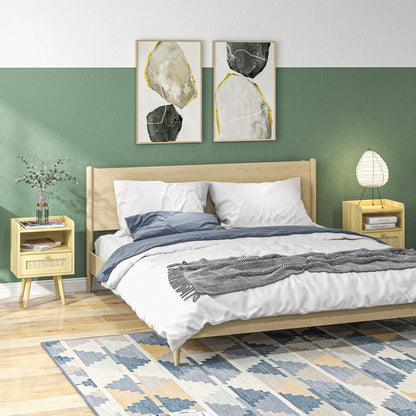 Set of 2 bedside tables nightstand with rattan effect drawer and open compartment, bedside table for bedroom, living room, 40 x 30 x 60 cm, natural wood effect