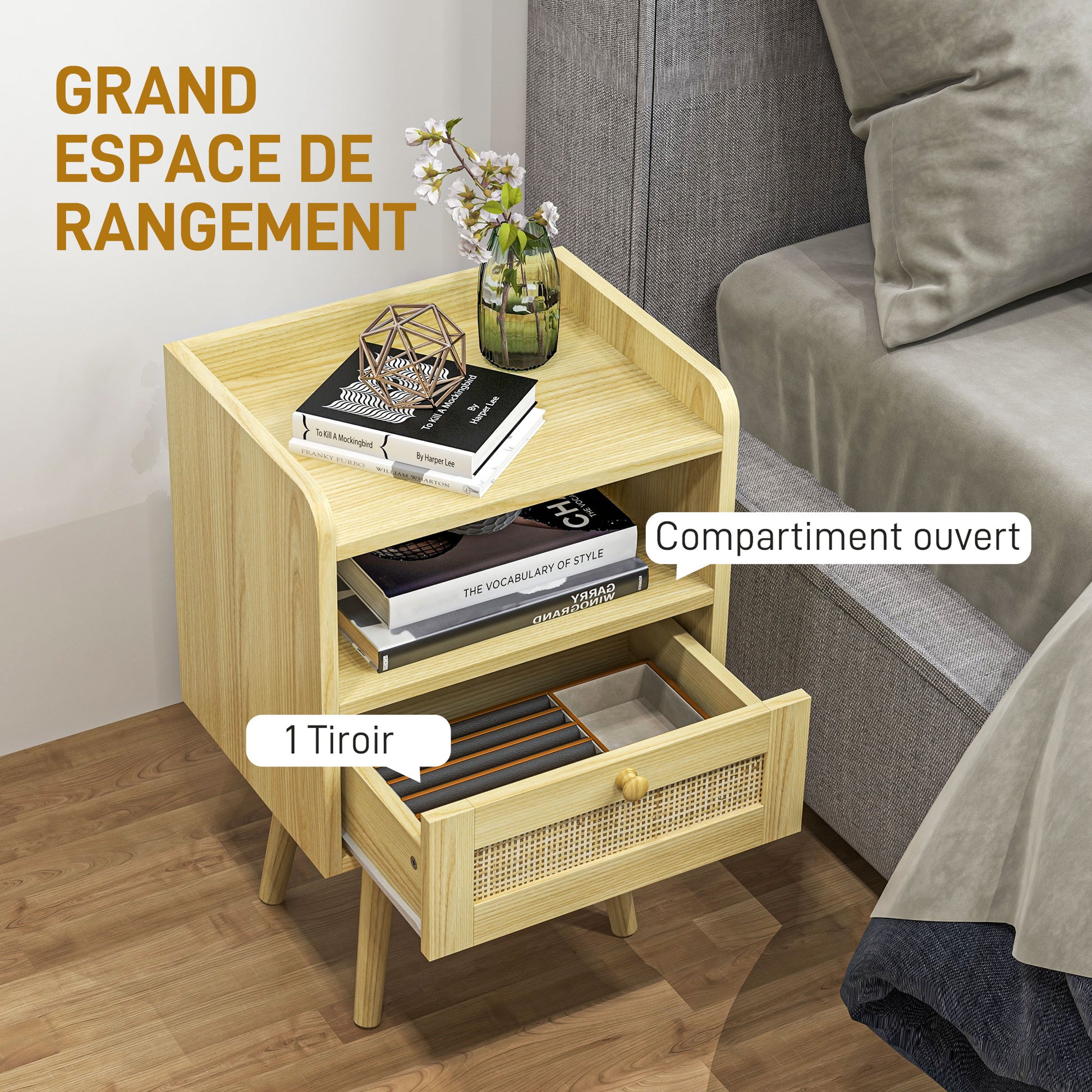 Set of 2 bedside tables nightstand with rattan effect drawer and open compartment, bedside table for bedroom, living room, 40 x 30 x 60 cm, natural wood effect