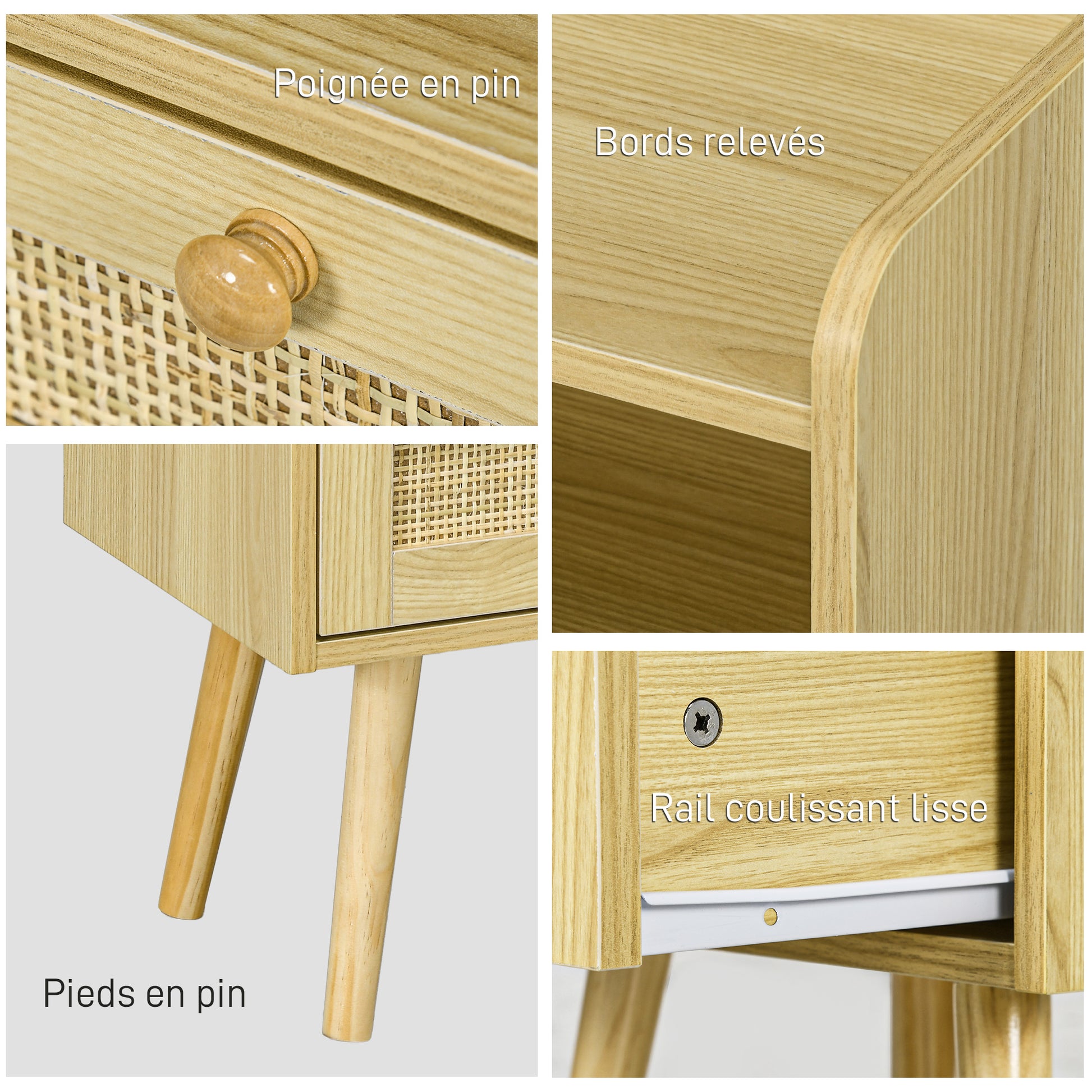 Set of 2 bedside tables nightstand with rattan effect drawer and open compartment, bedside table for bedroom, living room, 40 x 30 x 60 cm, natural wood effect