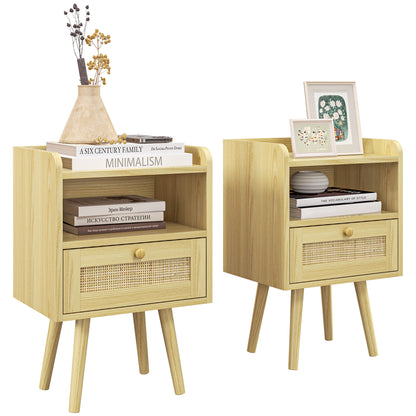 Set of 2 bedside tables nightstand with rattan effect drawer and open compartment, bedside table for bedroom, living room, 40 x 30 x 60 cm, natural wood effect