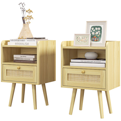 Set of 2 bedside tables nightstand with rattan effect drawer and open compartment, bedside table for bedroom, living room, 40 x 30 x 60 cm, natural wood effect