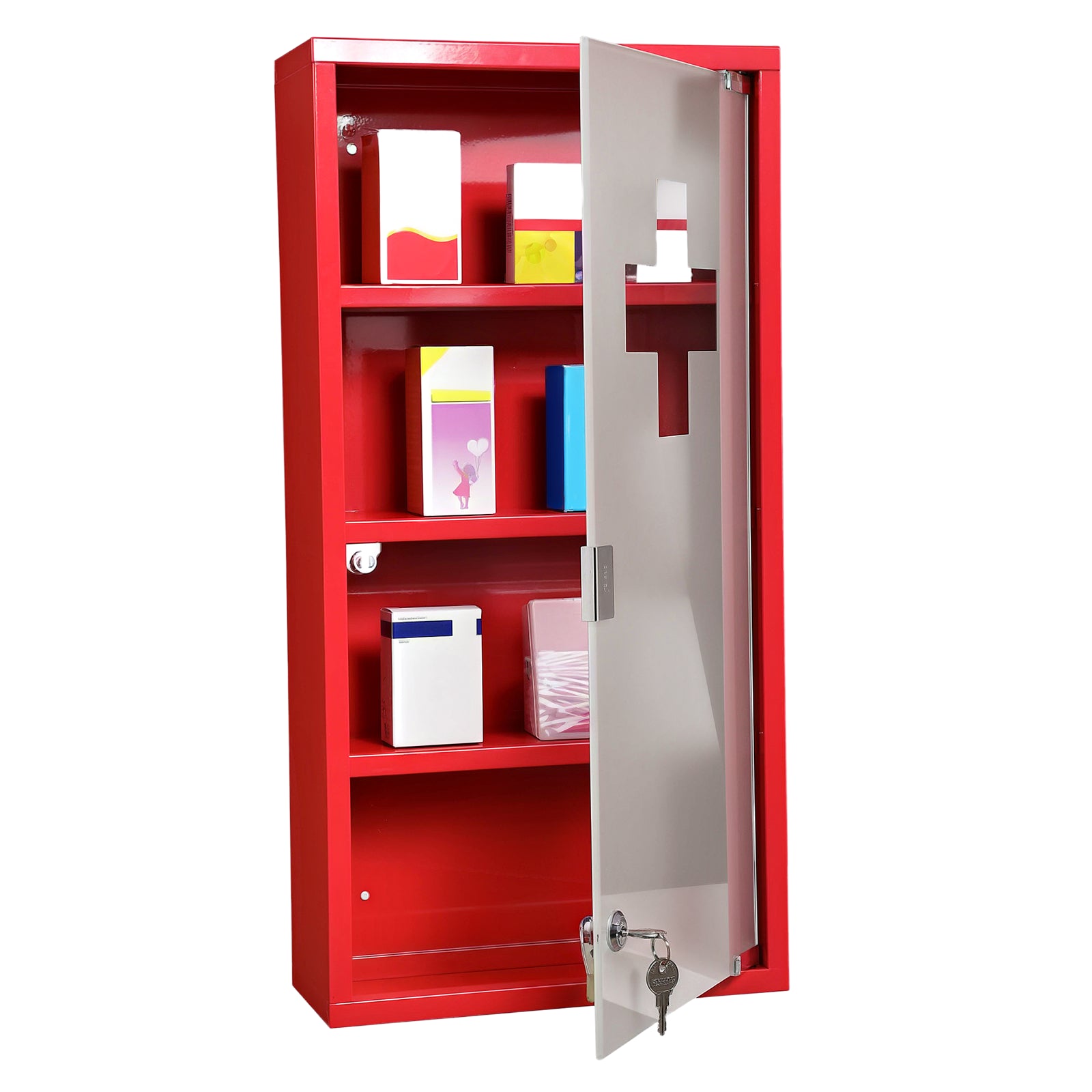 Medicine Cabinet Medical Cabinet Medication Cabinet with 3 Levels First Aid Cabinet with Lock Apothecary Cabinet with Frosted Glass Door Steel Red 27cm x 57cm x 12cm