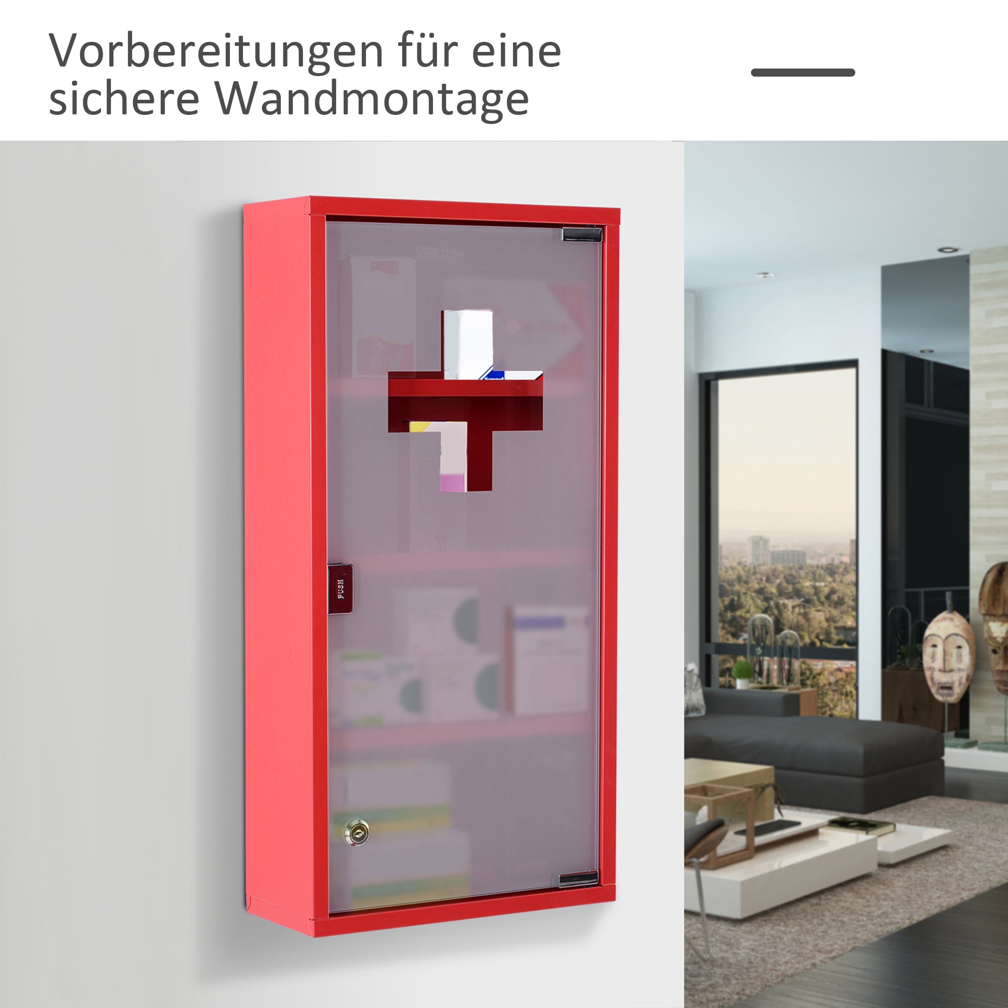 Medicine Cabinet Medical Cabinet Medication Cabinet with 3 Levels First Aid Cabinet with Lock Apothecary Cabinet with Frosted Glass Door Steel Red 27cm x 57cm x 12cm