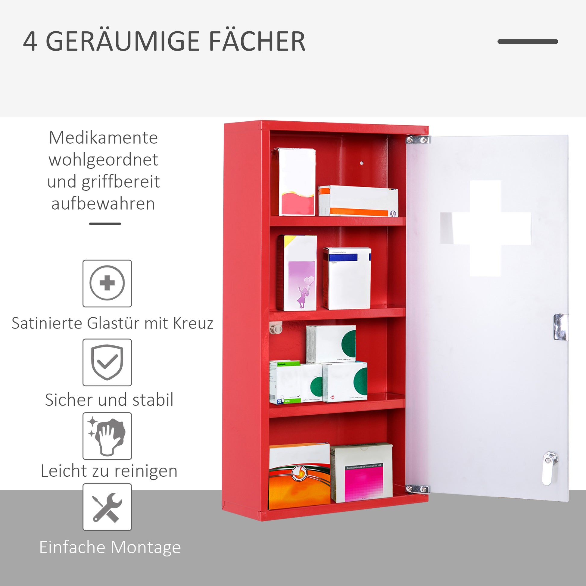 Medicine Cabinet Medical Cabinet Medication Cabinet with 3 Levels First Aid Cabinet with Lock Apothecary Cabinet with Frosted Glass Door Steel Red 27cm x 57cm x 12cm
