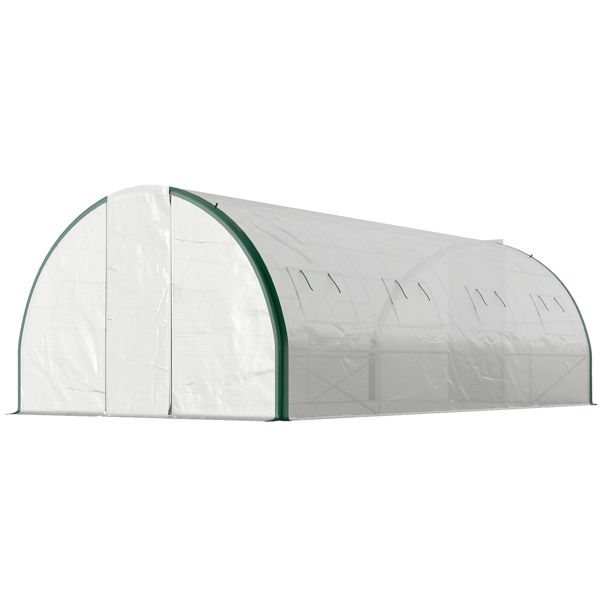 6x3m Tunnel Greenhouse with 2 Hinged Doors and 8 Windows, Garden Greenhouse in PE, Polyester, and Galvanized Steel, White and Green