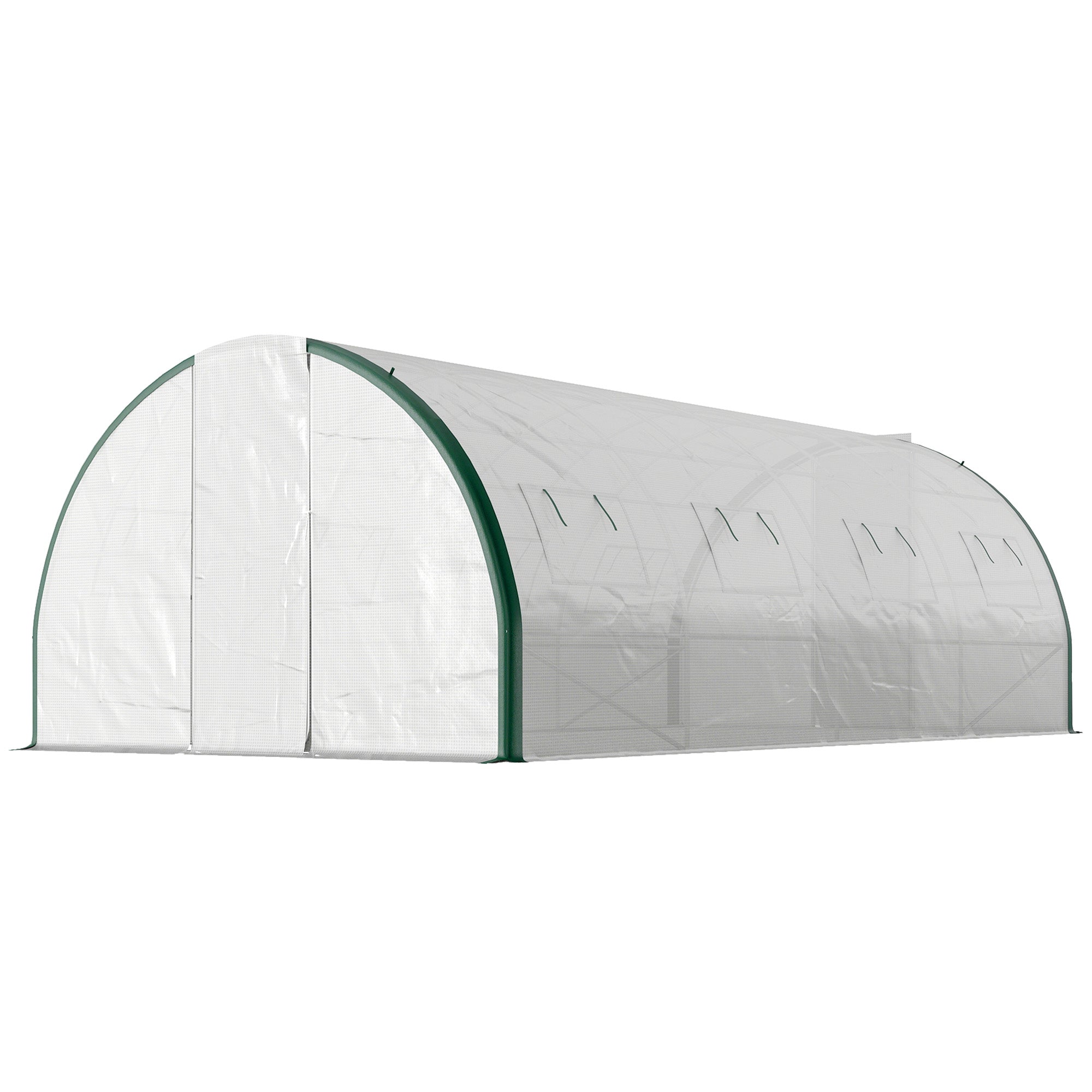 6x3m Tunnel Greenhouse with 2 Hinged Doors and 8 Windows, Garden Greenhouse in PE, Polyester, and Galvanized Steel, White and Green