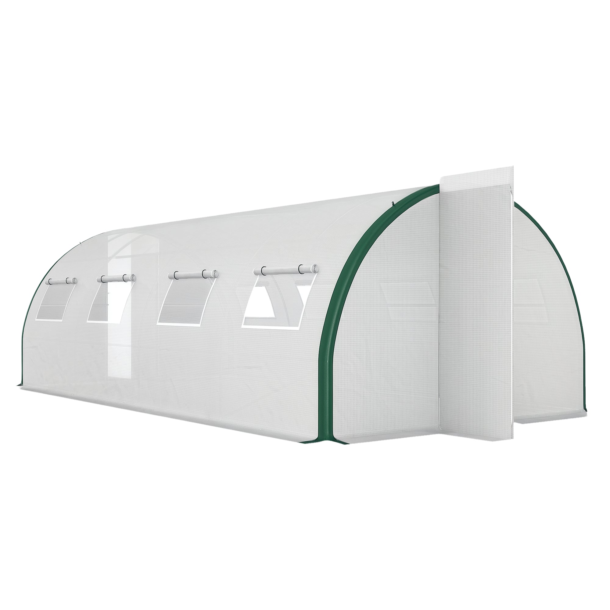 6x3m Tunnel Greenhouse with 2 Hinged Doors and 8 Windows, Garden Greenhouse in PE, Polyester, and Galvanized Steel, White and Green