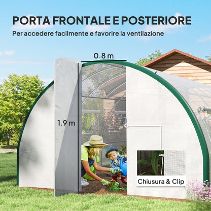 6x3m Tunnel Greenhouse with 2 Hinged Doors and 8 Windows, Garden Greenhouse in PE, Polyester, and Galvanized Steel, White and Green