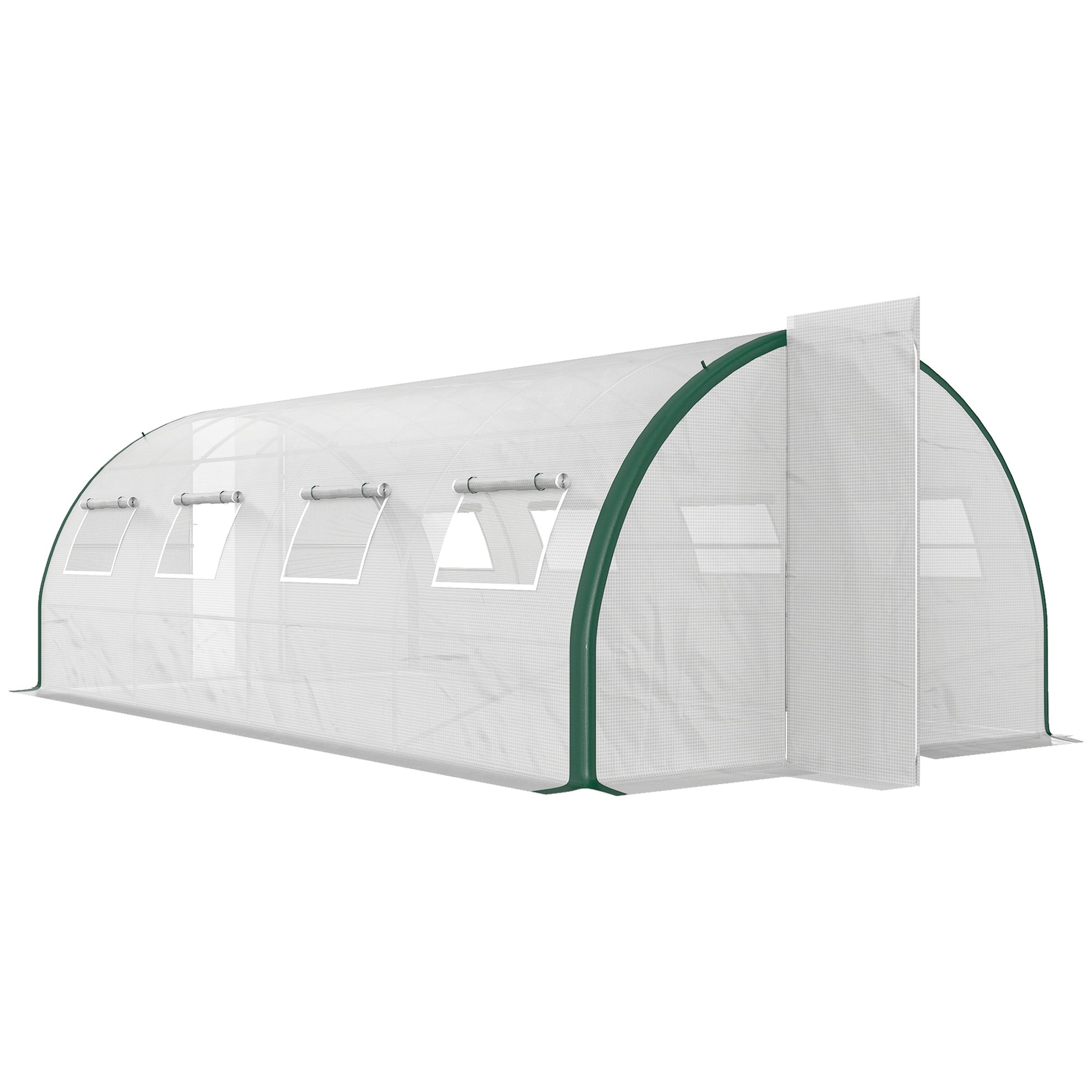 6x3m Tunnel Greenhouse with 2 Hinged Doors and 8 Windows, Garden Greenhouse in PE, Polyester, and Galvanized Steel, White and Green