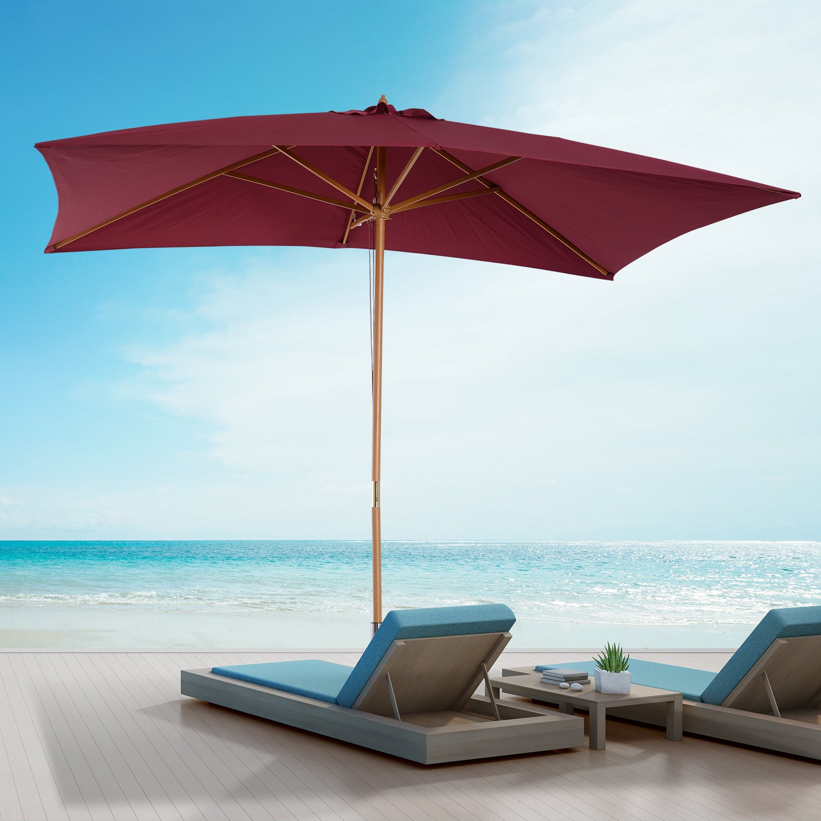 Rectangular Garden Parasol Double Top Wood High Density Polyester 3 x 2 m Bordeaux Red