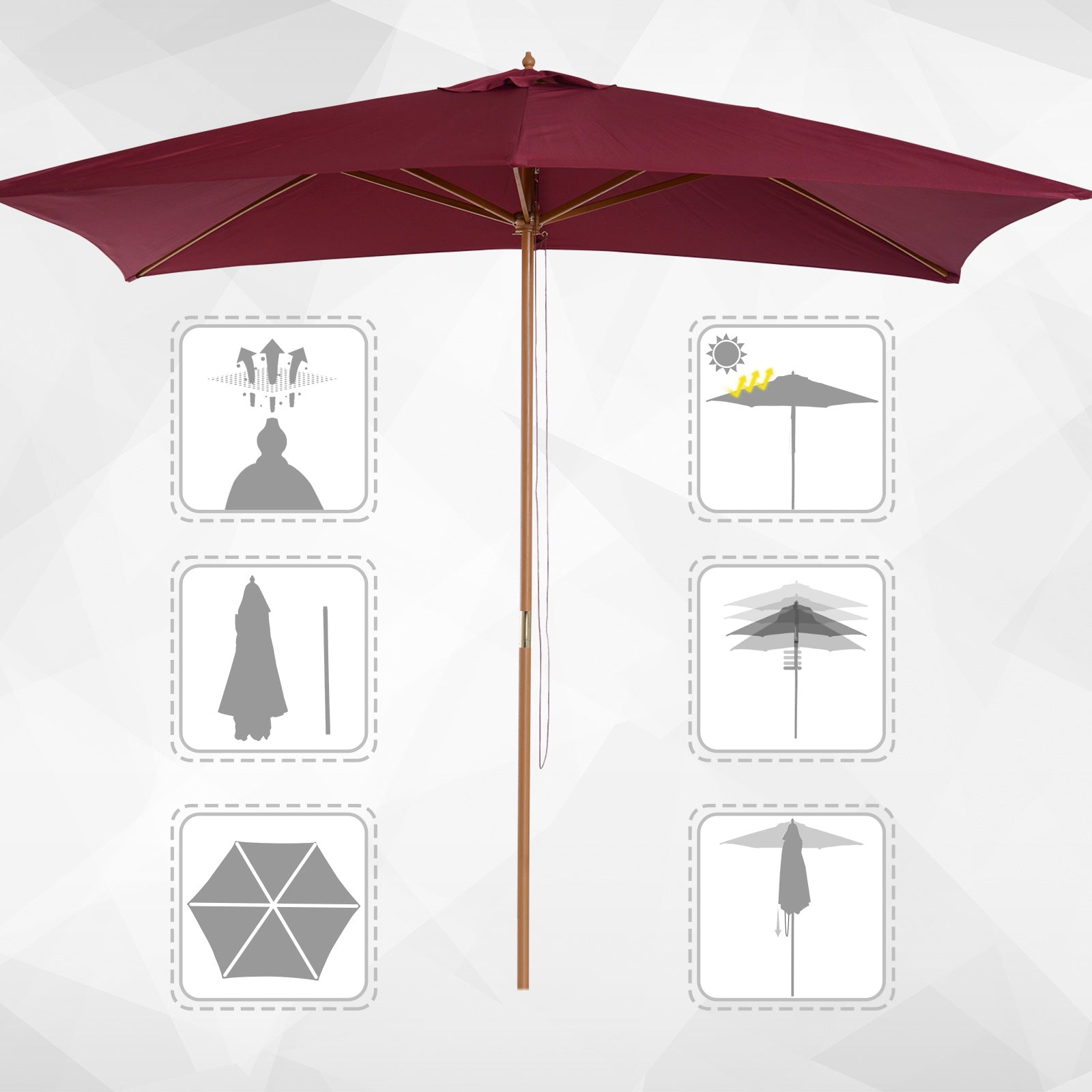 Rectangular Garden Parasol Double Top Wood High Density Polyester 3 x 2 m Bordeaux Red