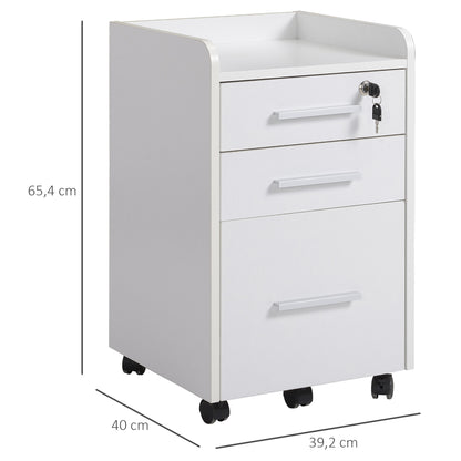 Office Cabinet Storage Cabinet on Wheels 3 Drawers 1 Lockable 1 File sorter in white wood