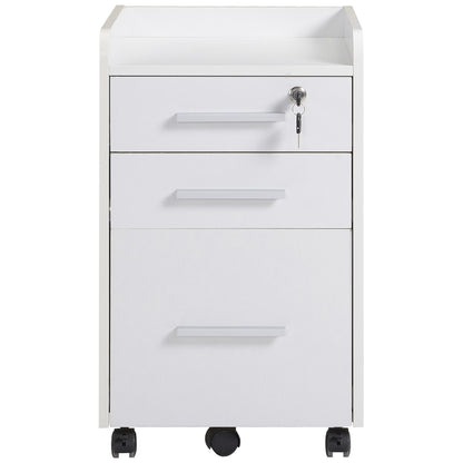 Office Cabinet Storage Cabinet on Wheels 3 Drawers 1 Lockable 1 File sorter in white wood