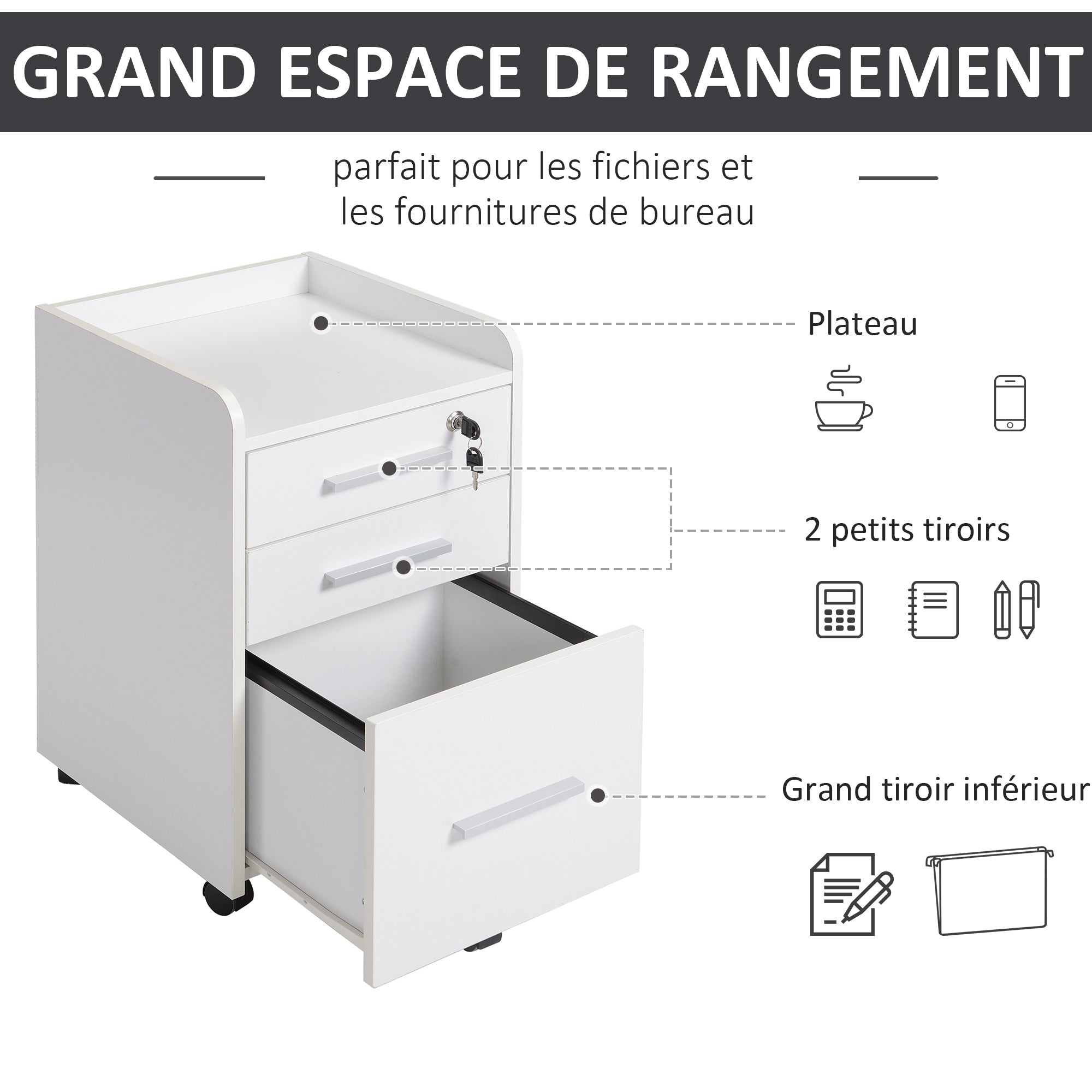 Office Cabinet Storage Cabinet on Wheels 3 Drawers 1 Lockable 1 File sorter in white wood