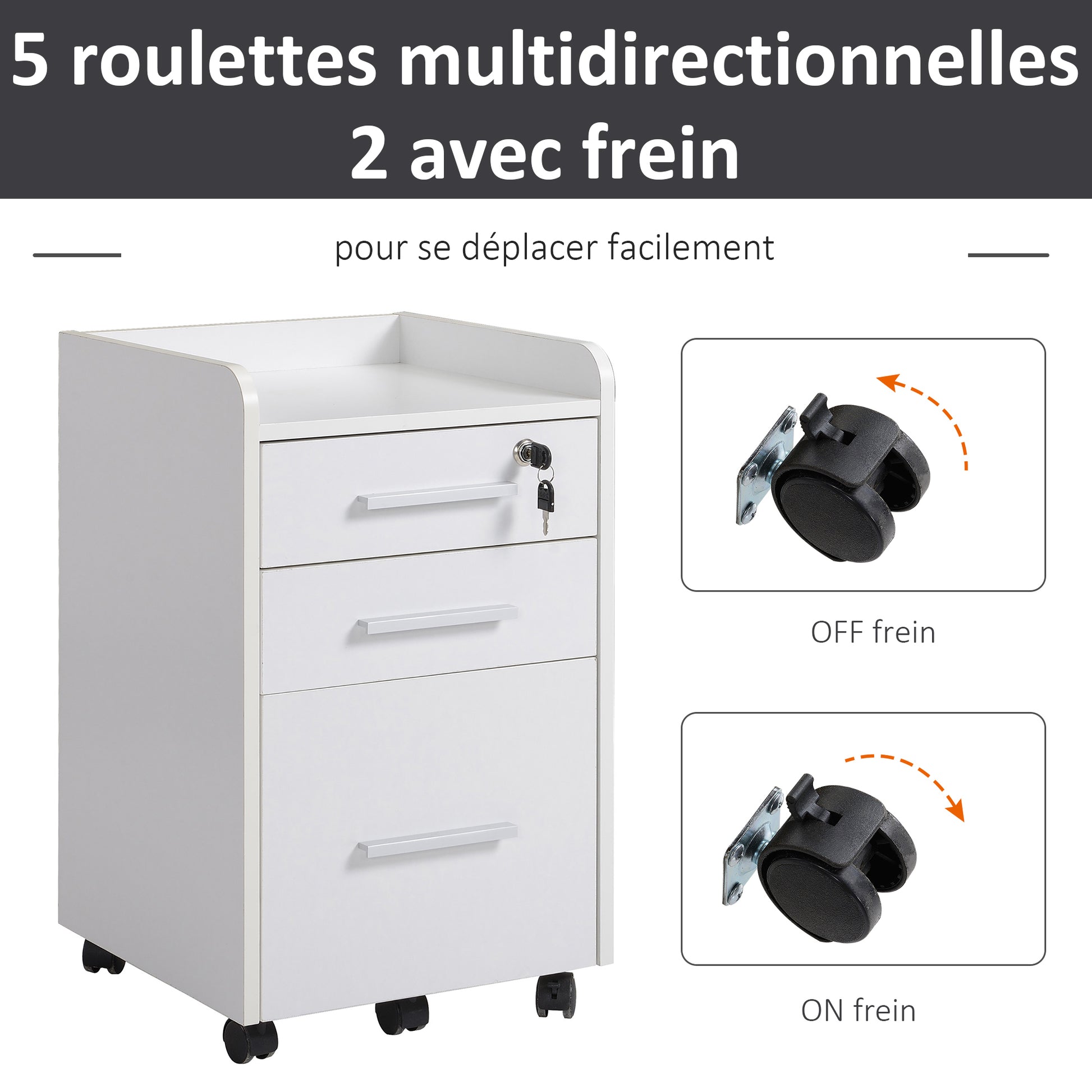 Office Cabinet Storage Cabinet on Wheels 3 Drawers 1 Lockable 1 File sorter in white wood
