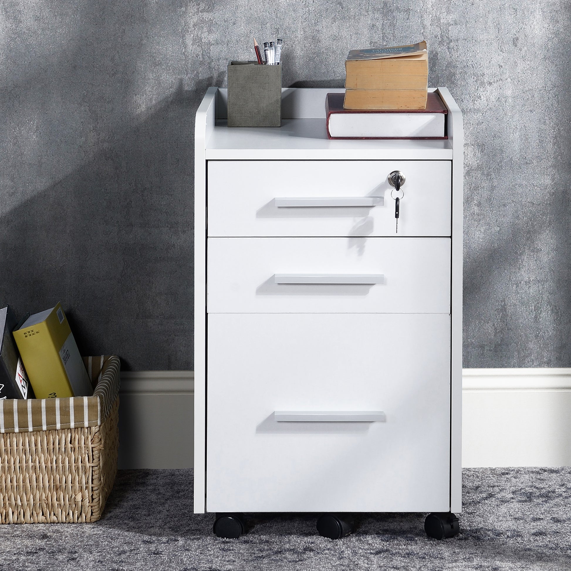 Office Cabinet Storage Cabinet on Wheels 3 Drawers 1 Lockable 1 File sorter in white wood