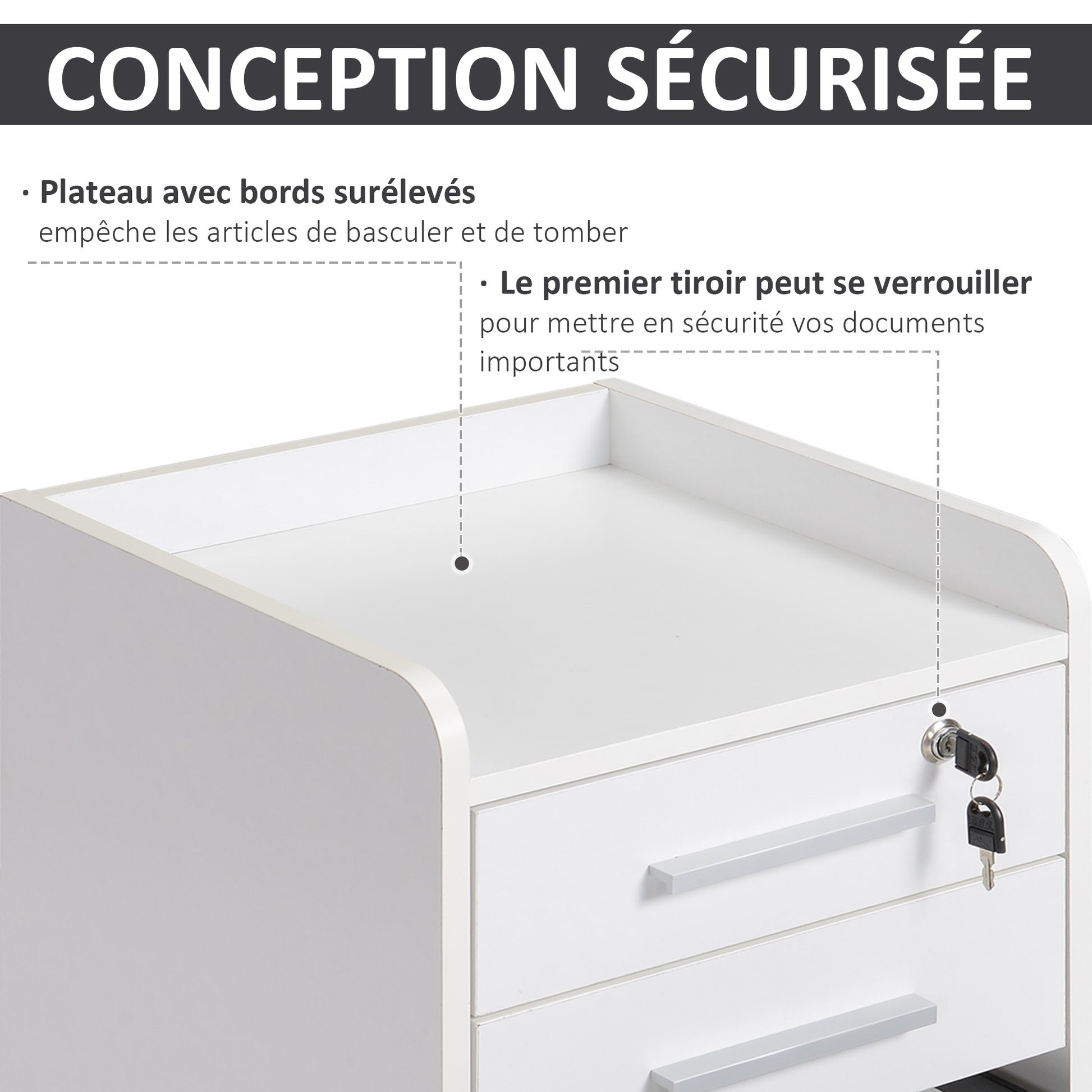 Office Cabinet Storage Cabinet on Wheels 3 Drawers 1 Lockable 1 File sorter in white wood
