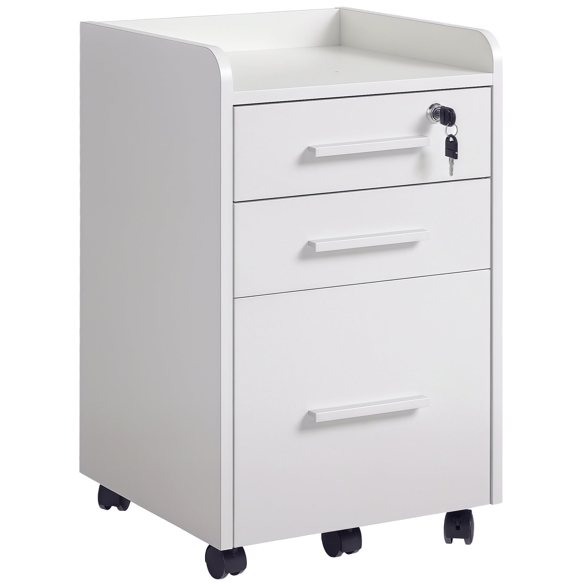 Office Cabinet Storage Cabinet on Wheels 3 Drawers 1 Lockable 1 File sorter in white wood
