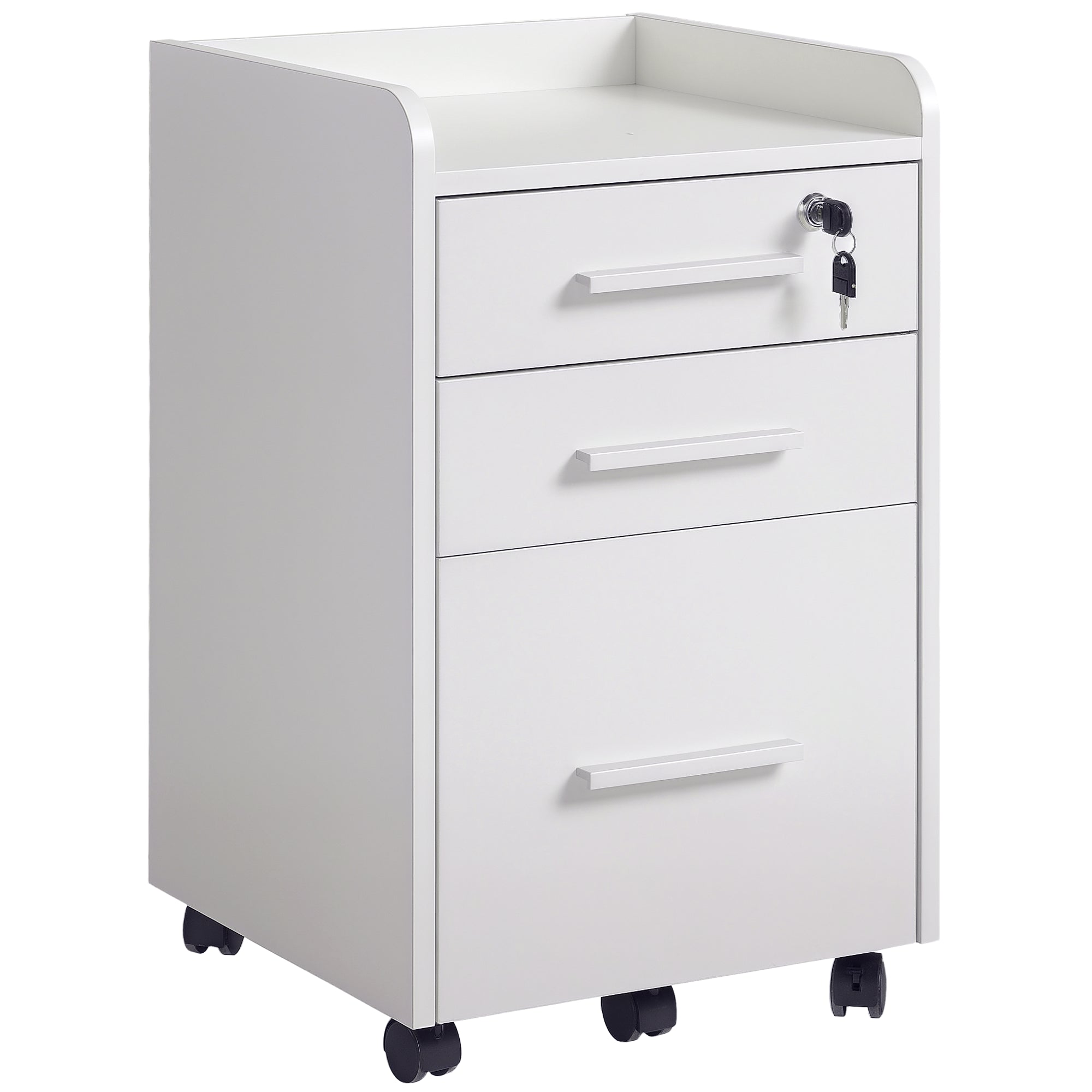 Office Cabinet Storage Cabinet on Wheels 3 Drawers 1 Lockable 1 File sorter in white wood