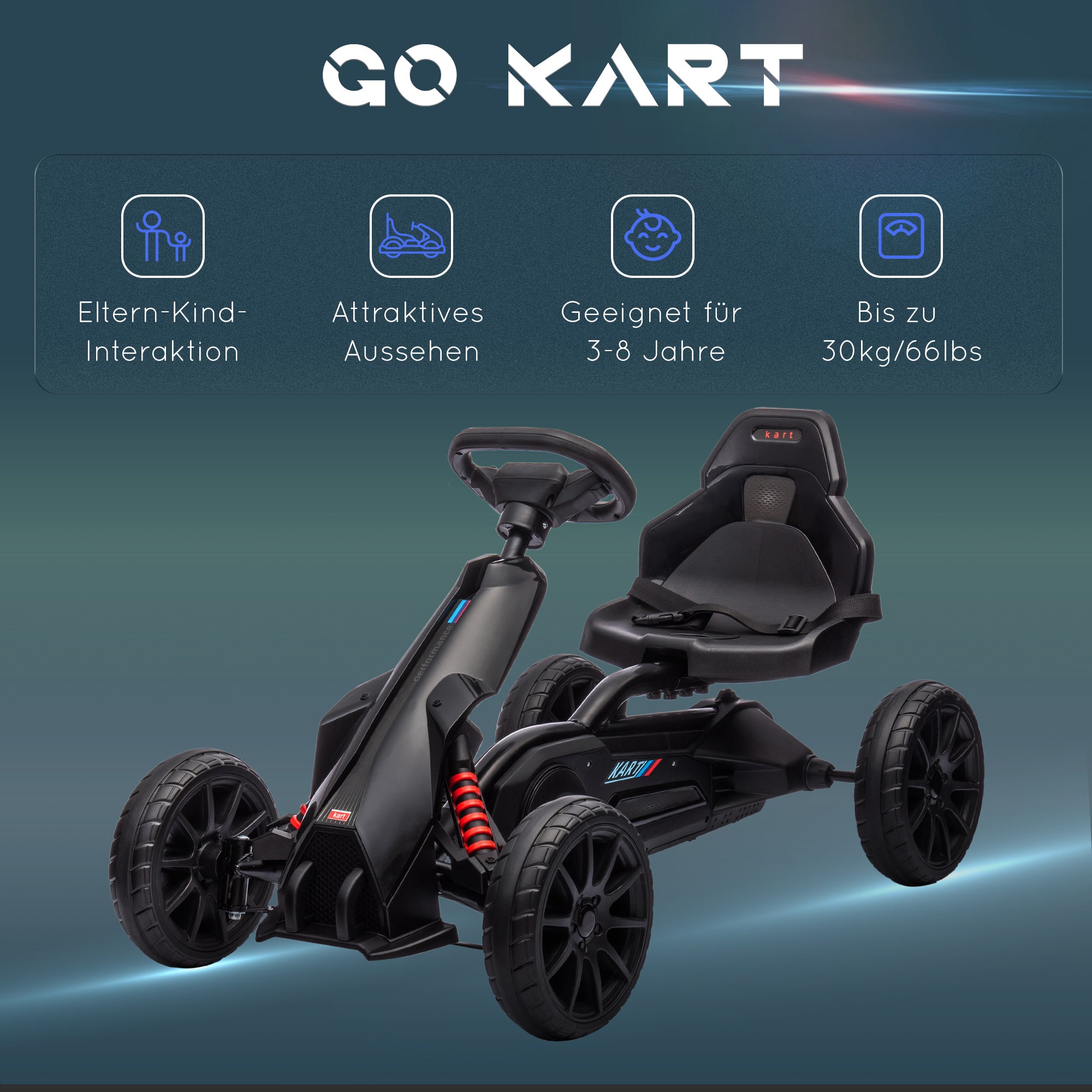 Go-Kart Pedal Car with Hand Brake, Adjustable Seat, Forward and Reverse Gears, Pedal Vehicle with EVA Wheels, Pedal, Kids Vehicle Kettcar for Children 3-8 Years Old Black