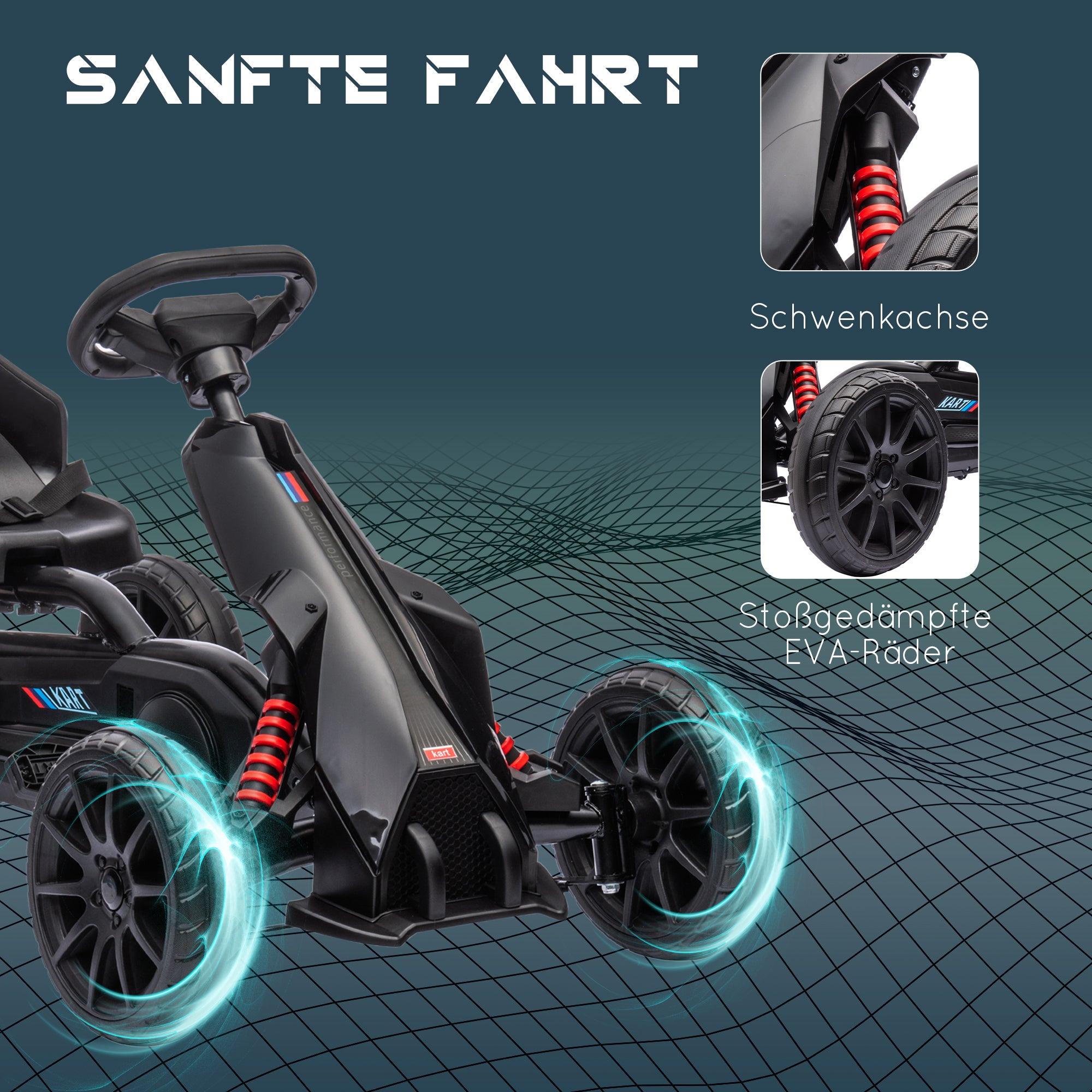 Go-Kart Pedal Car with Hand Brake, Adjustable Seat, Forward and Reverse Gears, Pedal Vehicle with EVA Wheels, Pedal, Kids Vehicle Kettcar for Children 3-8 Years Old Black