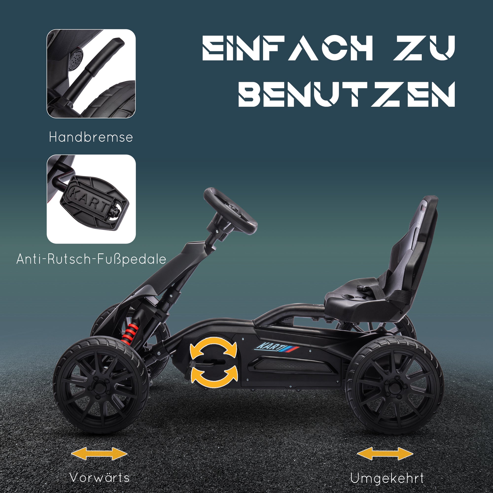 Go-Kart Pedal Car with Hand Brake, Adjustable Seat, Forward and Reverse Gears, Pedal Vehicle with EVA Wheels, Pedal, Kids Vehicle Kettcar for Children 3-8 Years Old Black