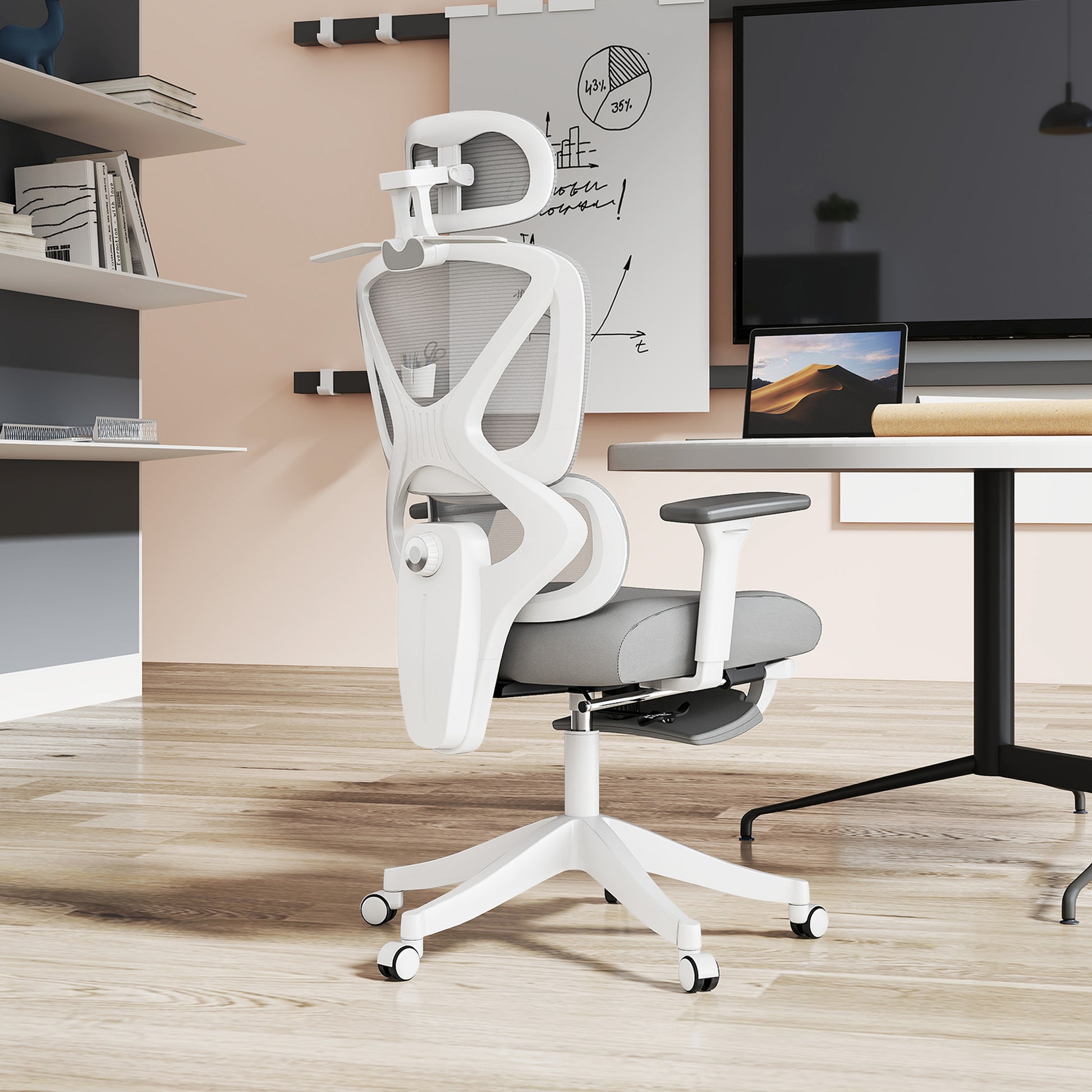 Mesh Office Chair Reclining Office Chair with Swivel Headrest Lumbar Support Footrest 3D Armrests and Height Adjustable Tilt Function Holds up to 135 kg Gray