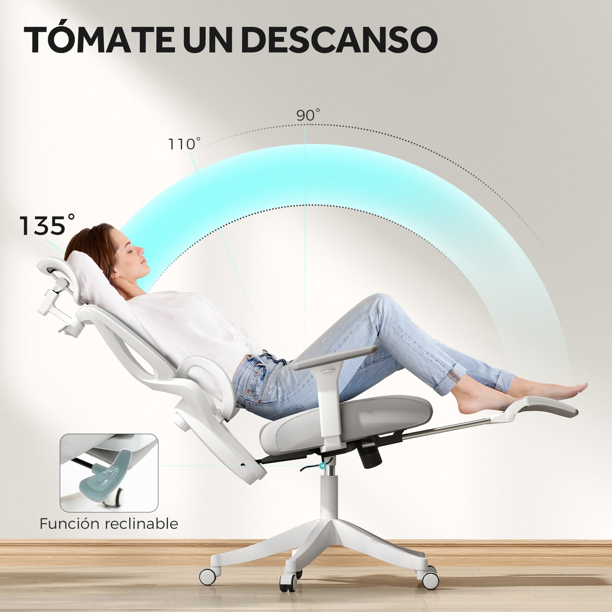 Mesh Office Chair Reclining Office Chair with Swivel Headrest Lumbar Support Footrest 3D Armrests and Height Adjustable Tilt Function Holds up to 135 kg Gray