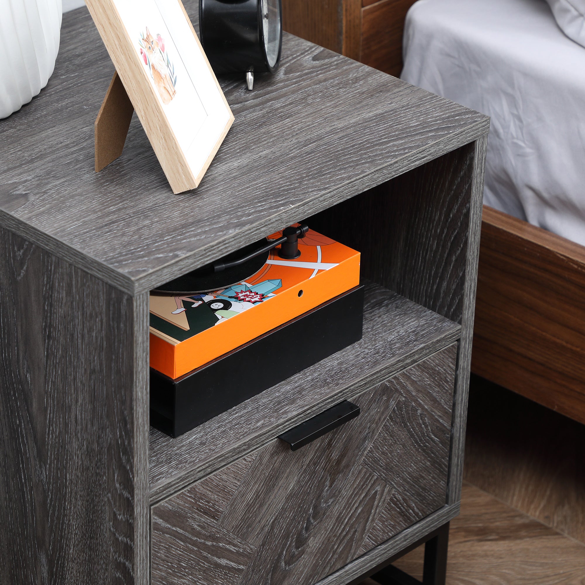 Nightstand Bedside Table with 1 Drawer Open Shelf and Steel Legs Industrial Style for Bedroom Living Room Office 40x40x52 cm Dark Grey