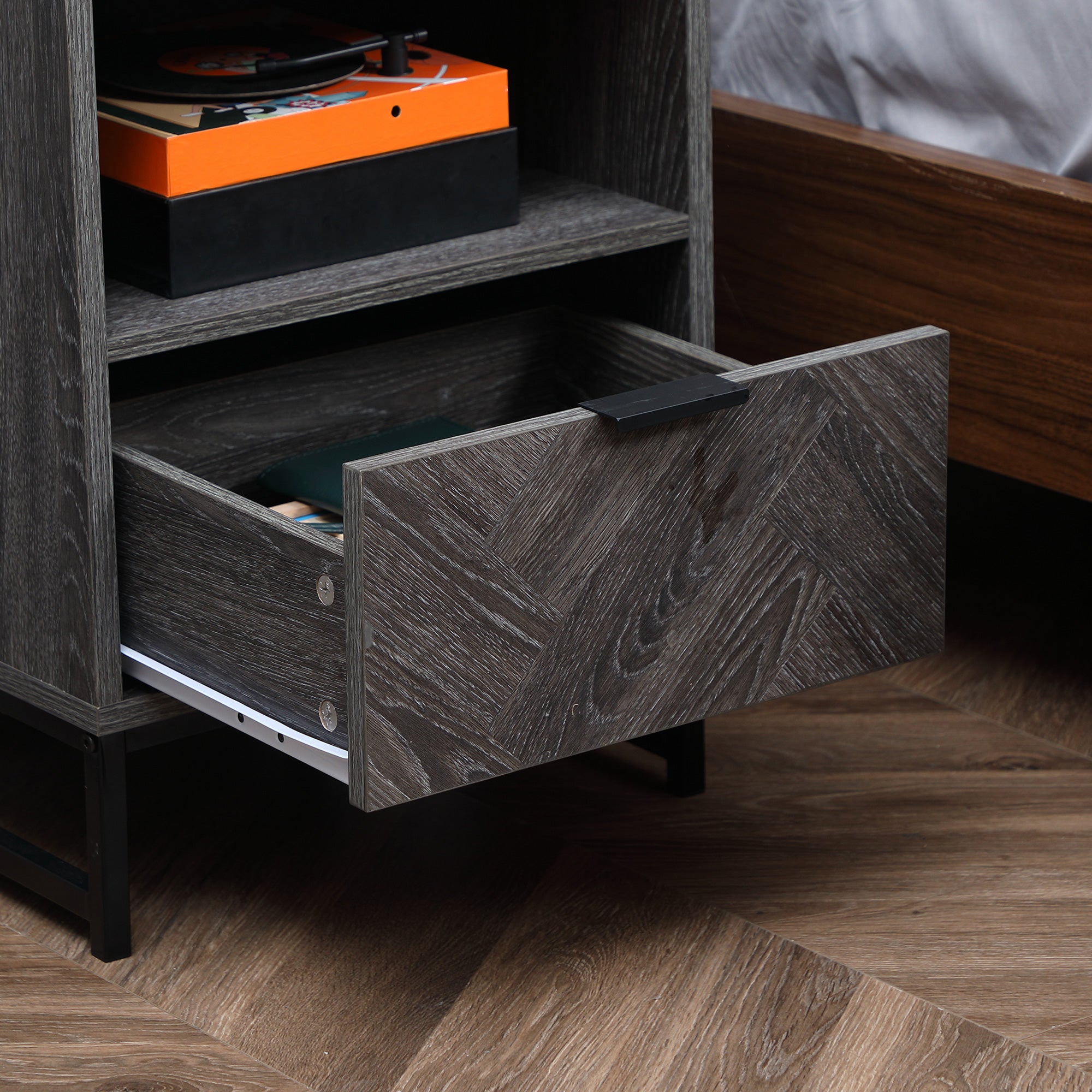 Nightstand Bedside Table with 1 Drawer Open Shelf and Steel Legs Industrial Style for Bedroom Living Room Office 40x40x52 cm Dark Grey
