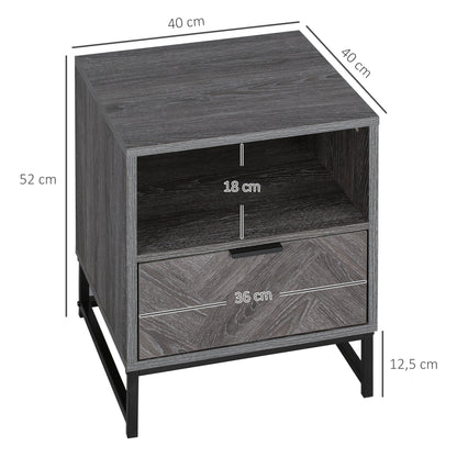 Nightstand Bedside Table with 1 Drawer Open Shelf and Steel Legs Industrial Style for Bedroom Living Room Office 40x40x52 cm Dark Grey