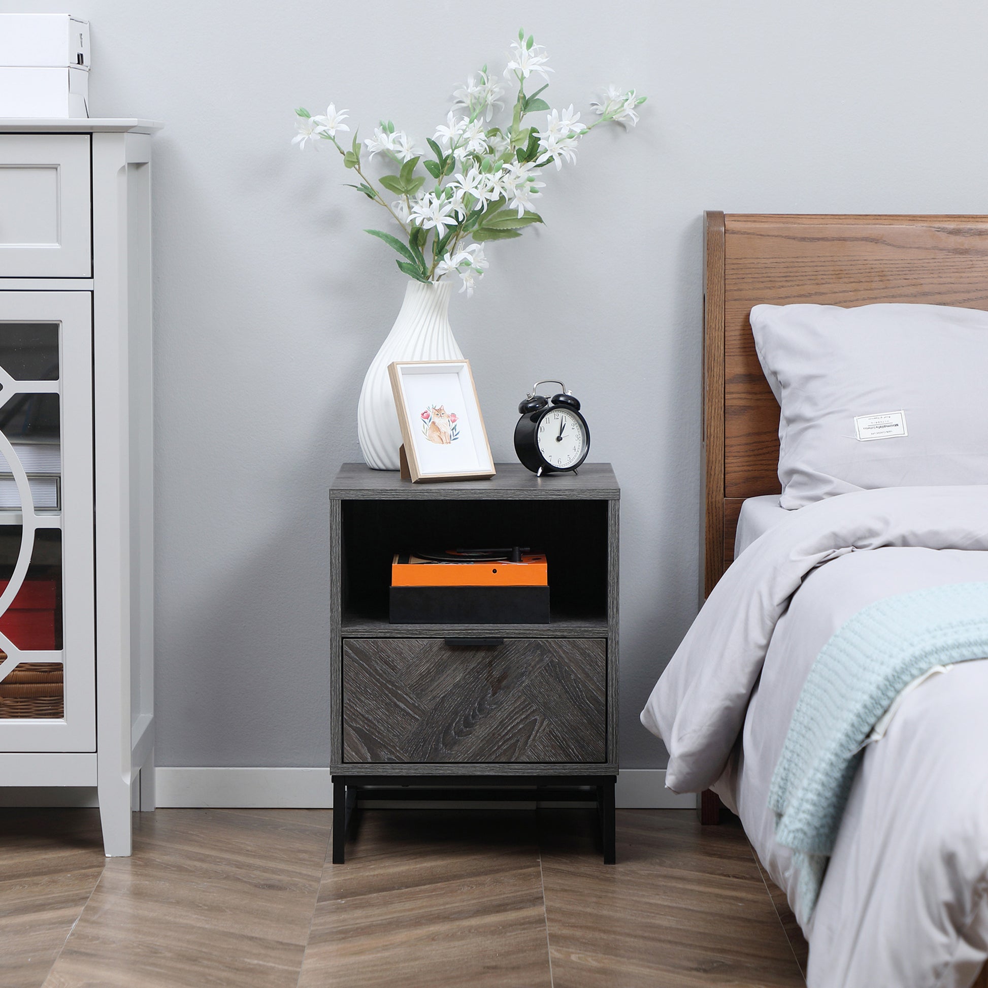 Nightstand Bedside Table with 1 Drawer Open Shelf and Steel Legs Industrial Style for Bedroom Living Room Office 40x40x52 cm Dark Grey