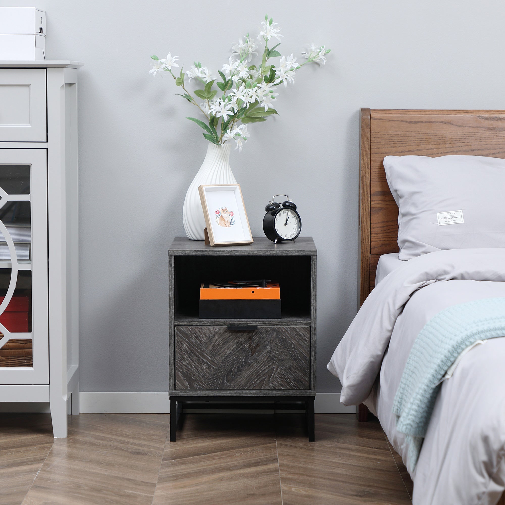 Nightstand Bedside Table with 1 Drawer Open Shelf and Steel Legs Industrial Style for Bedroom Living Room Office 40x40x52 cm Dark Grey