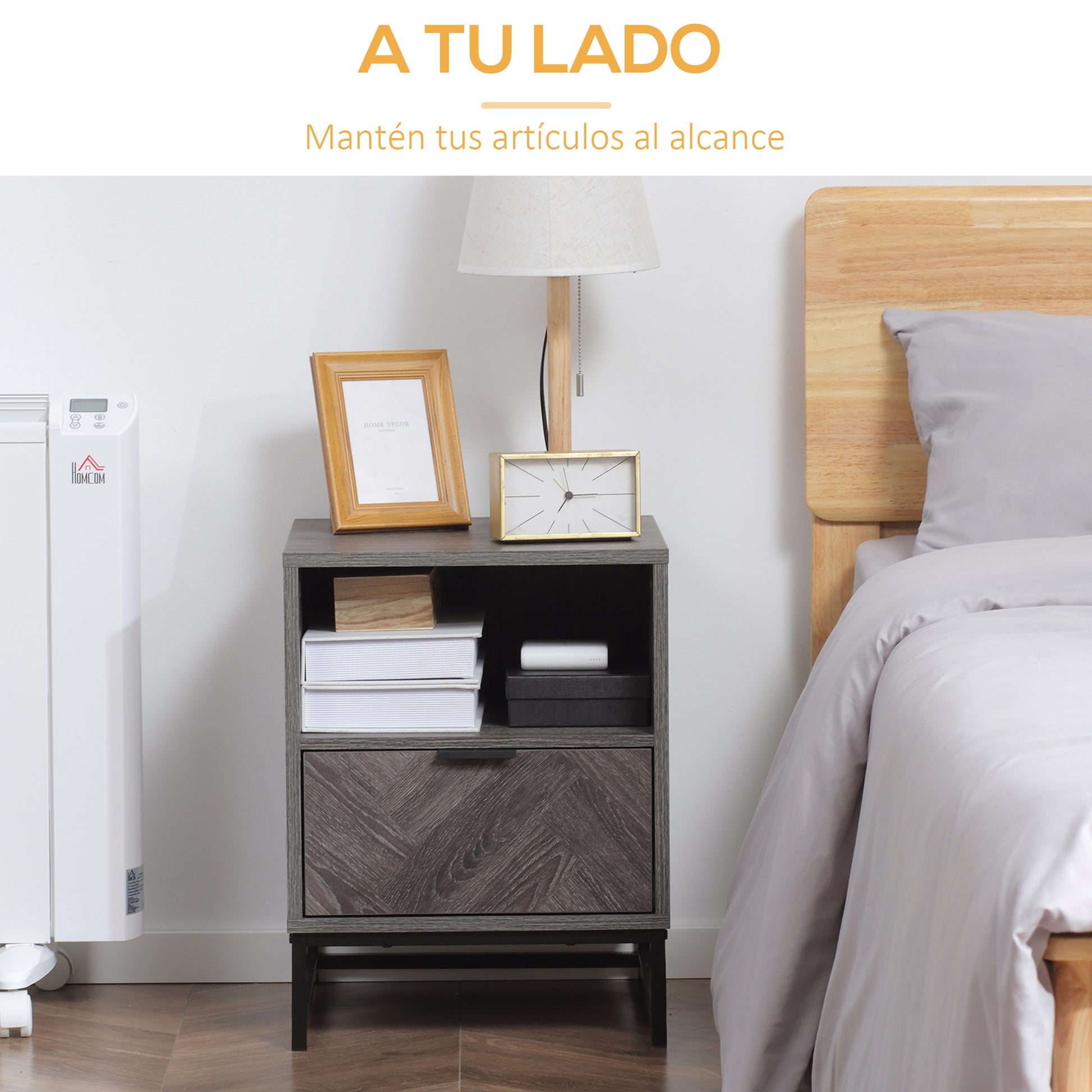 Nightstand Bedside Table with 1 Drawer Open Shelf and Steel Legs Industrial Style for Bedroom Living Room Office 40x40x52 cm Dark Grey