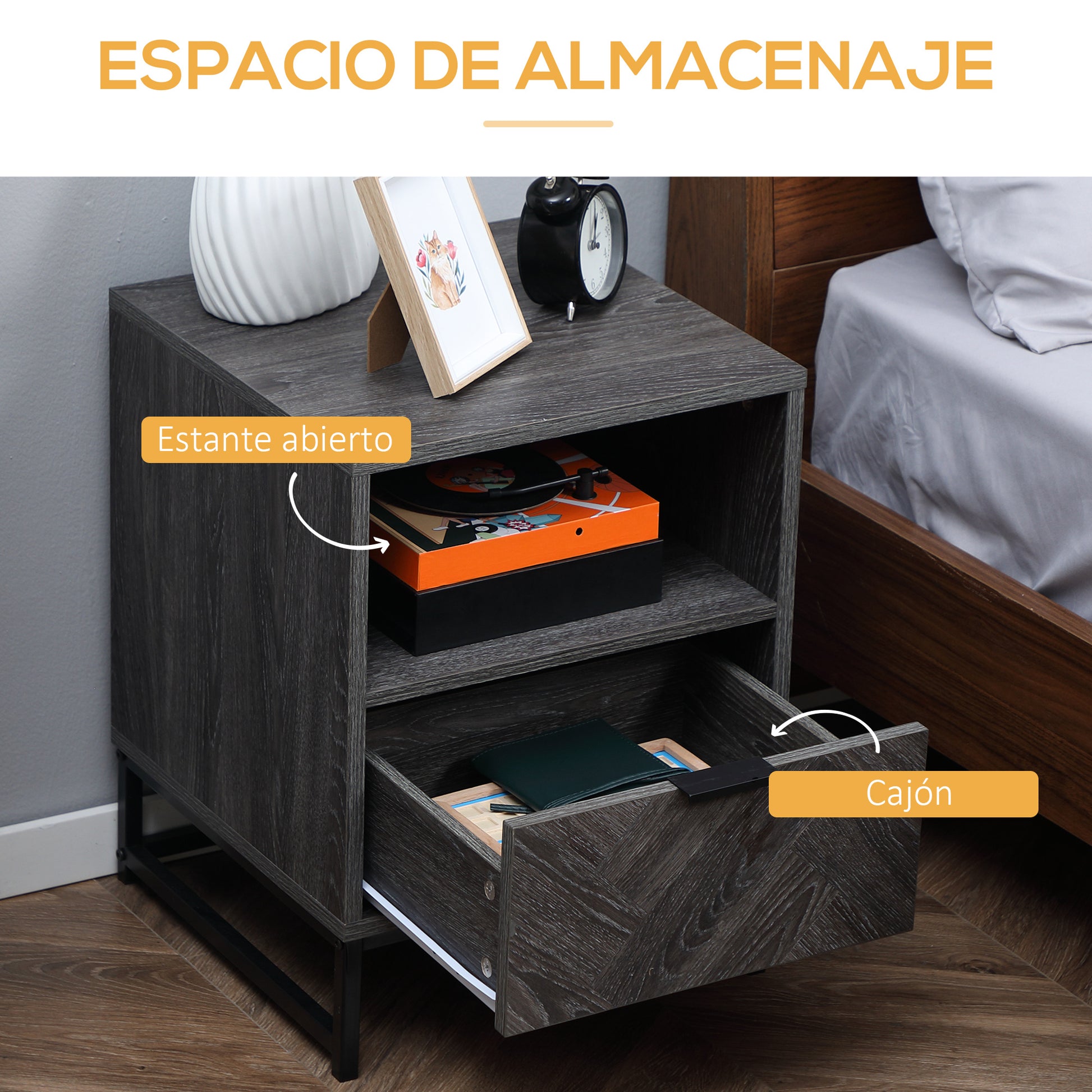 Nightstand Bedside Table with 1 Drawer Open Shelf and Steel Legs Industrial Style for Bedroom Living Room Office 40x40x52 cm Dark Grey
