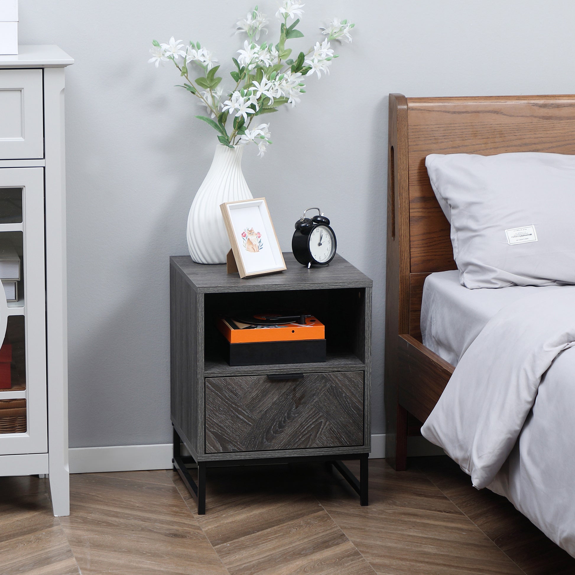 Nightstand Bedside Table with 1 Drawer Open Shelf and Steel Legs Industrial Style for Bedroom Living Room Office 40x40x52 cm Dark Grey