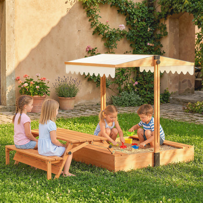 Wooden Kids Sandbox with Adjustable Canopy, Foldable Picnic Table & Benches, Cover, Seats 6 (Ages 3–8), for Yard & Garden, 72.4×43.3×47.2 in (184×110×120 cm), Brown