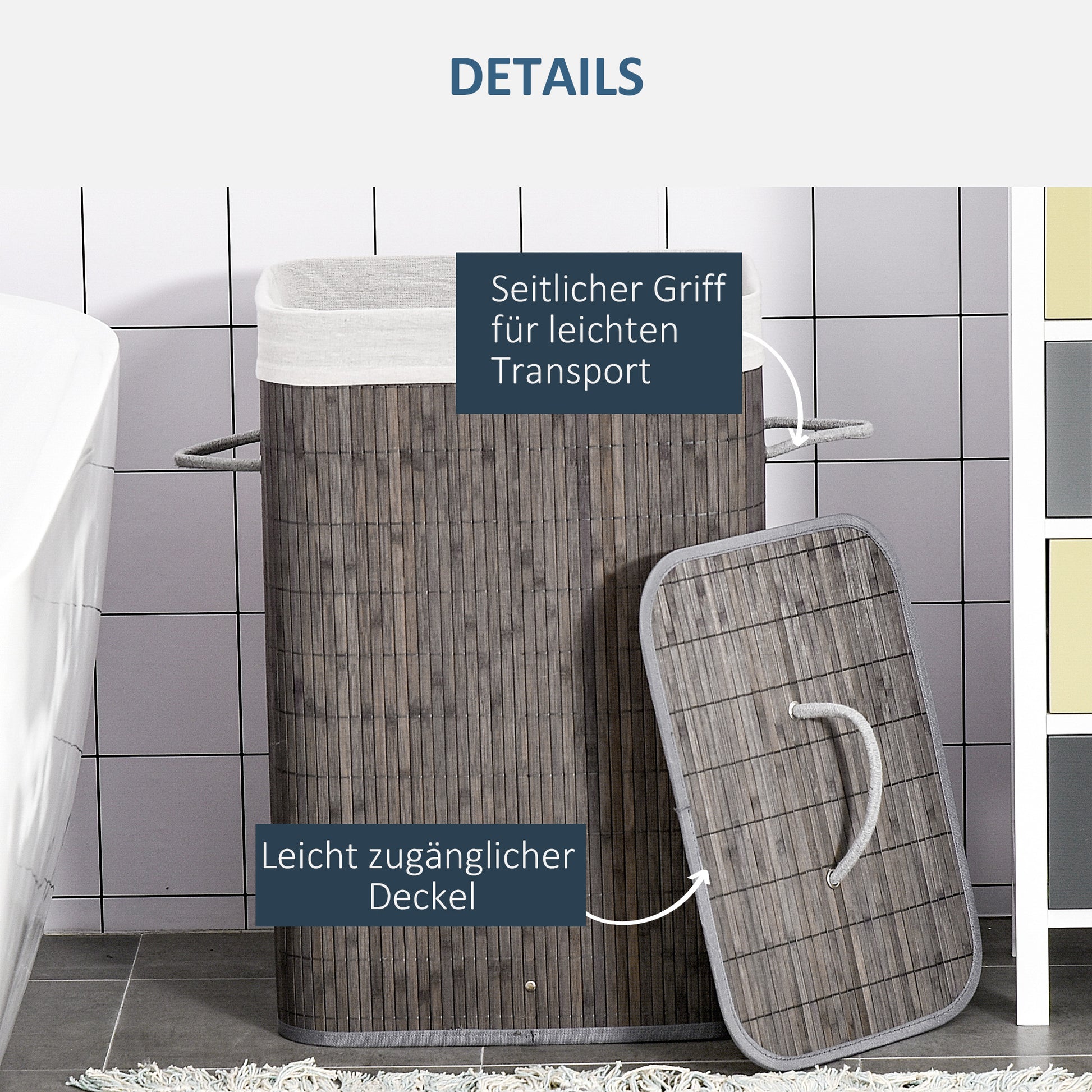 Bamboo Laundry Basket Slim with Lid 83L Laundry Collector with Handles, Removable Laundry Bag, Laundry Baskets Laundry Sorter for Laundry Room Bathroom Bedroom Gray