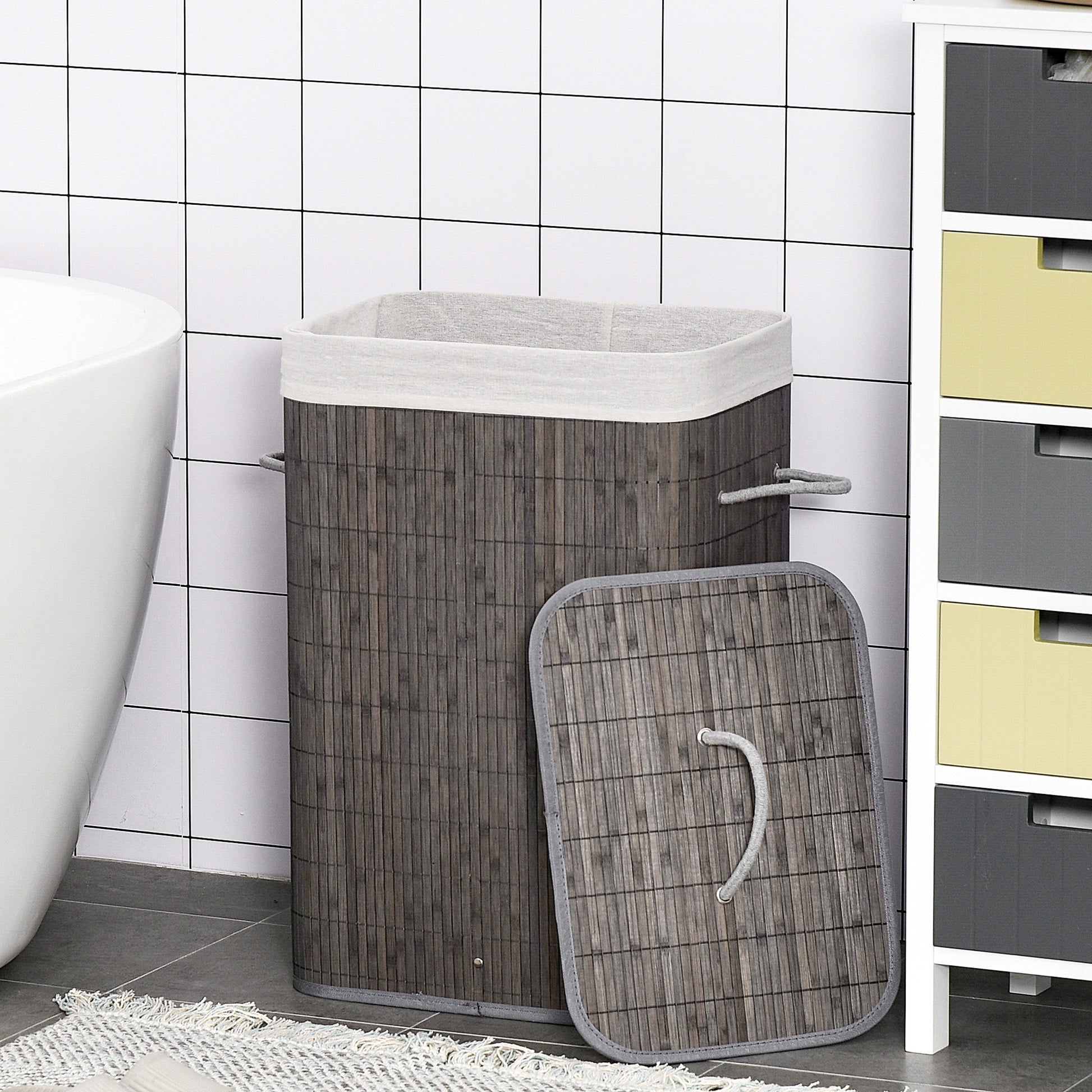Bamboo Laundry Basket Slim with Lid 83L Laundry Collector with Handles, Removable Laundry Bag, Laundry Baskets Laundry Sorter for Laundry Room Bathroom Bedroom Gray