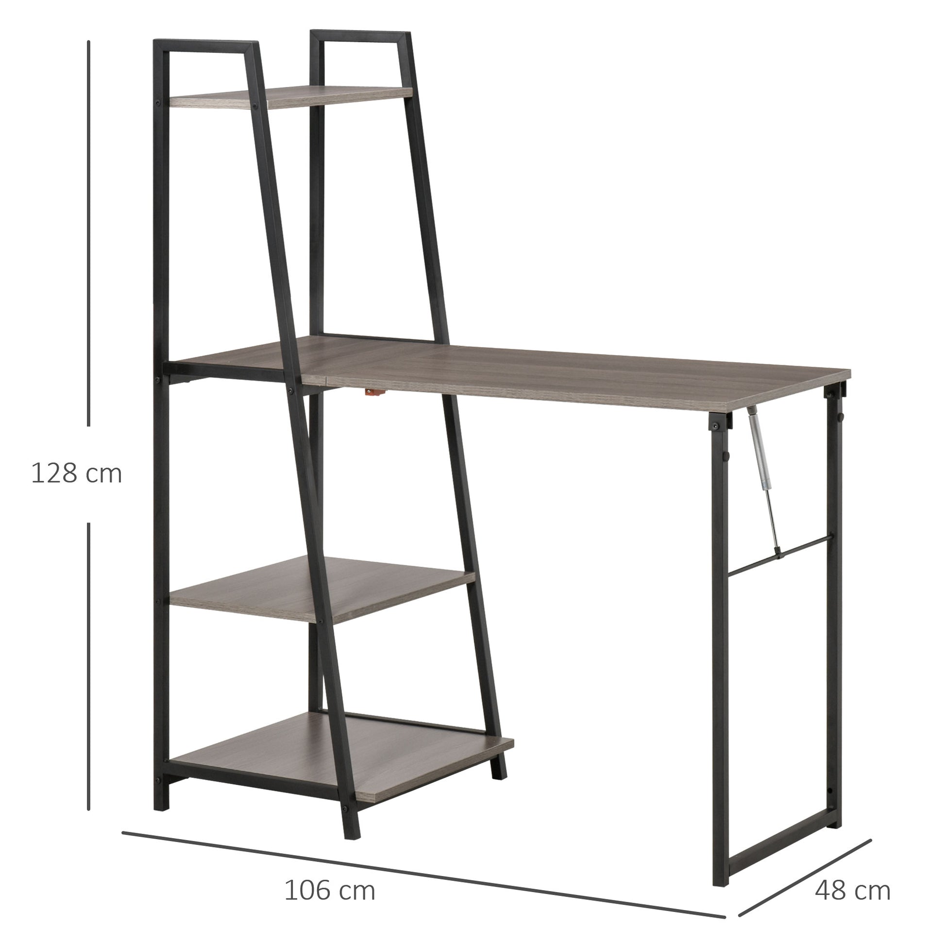 Foldable Folding Desk - 2-in-1 Bookshelf Desk-4 Shelves - Gray Wood Black Metal
