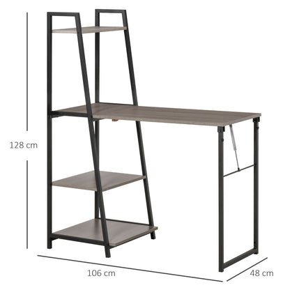 Foldable Folding Desk - 2-in-1 Bookshelf Desk-4 Shelves - Gray Wood Black Metal