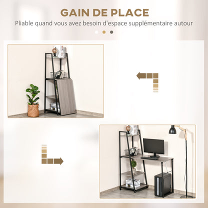 Foldable Folding Desk - 2-in-1 Bookshelf Desk-4 Shelves - Gray Wood Black Metal