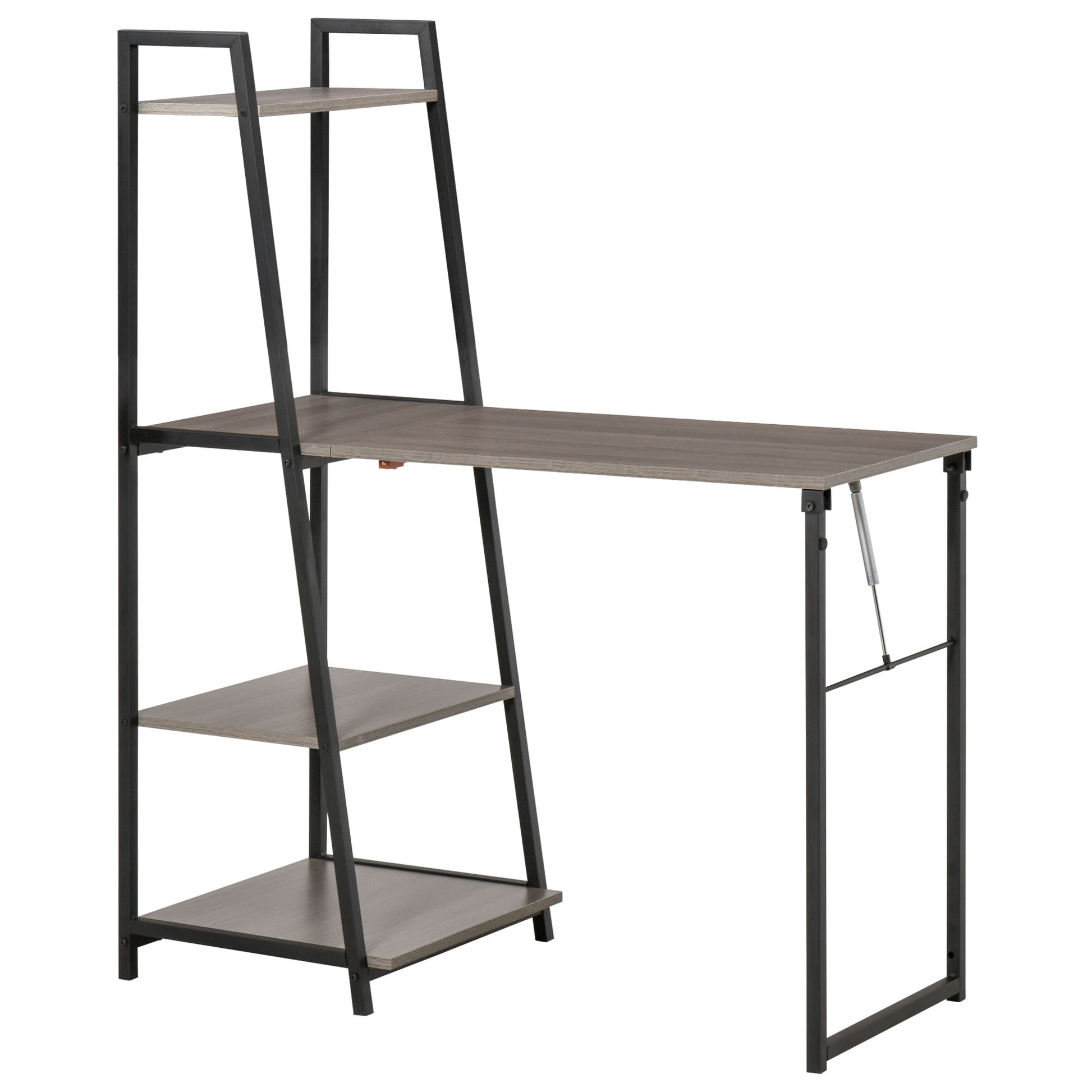 Foldable Folding Desk - 2-in-1 Bookshelf Desk-4 Shelves - Gray Wood Black Metal