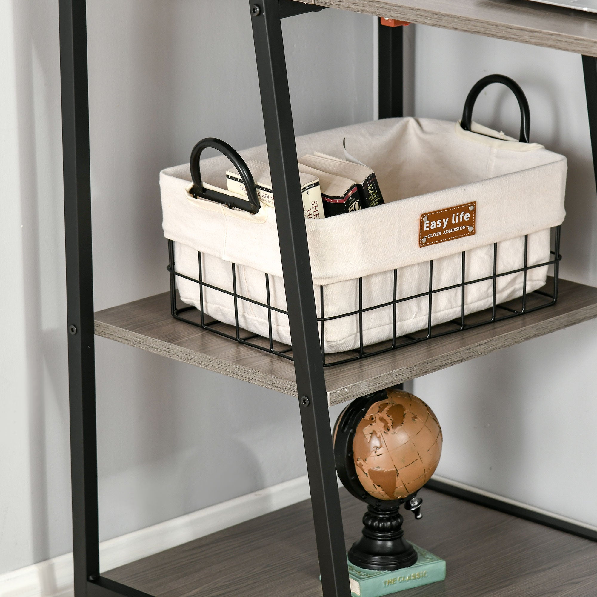 Foldable Folding Desk - 2-in-1 Bookshelf Desk-4 Shelves - Gray Wood Black Metal
