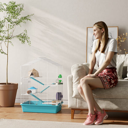 5-Tier Hamster Cage Small Animal House with Platforms Bowl Drinker Hut Ramps and Exercise Wheel 58x36x81 cm Light Blue