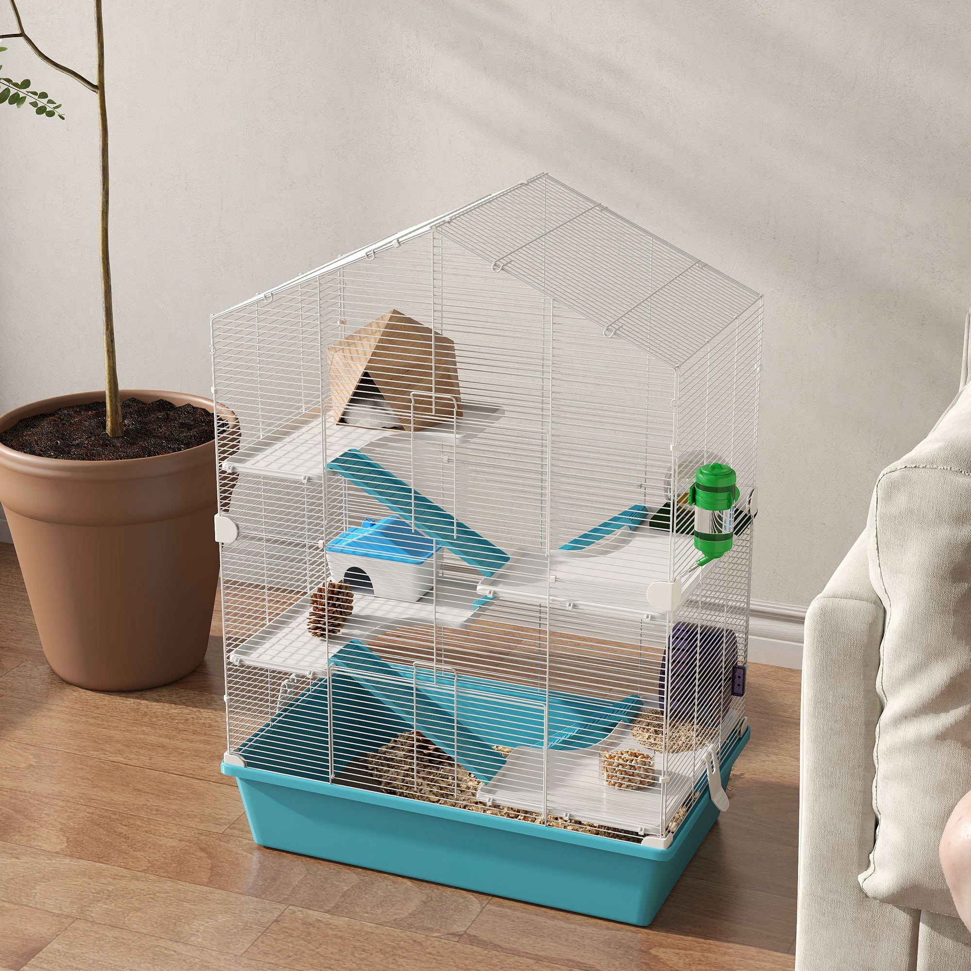 5-Tier Hamster Cage Small Animal House with Platforms Bowl Drinker Hut Ramps and Exercise Wheel 58x36x81 cm Light Blue