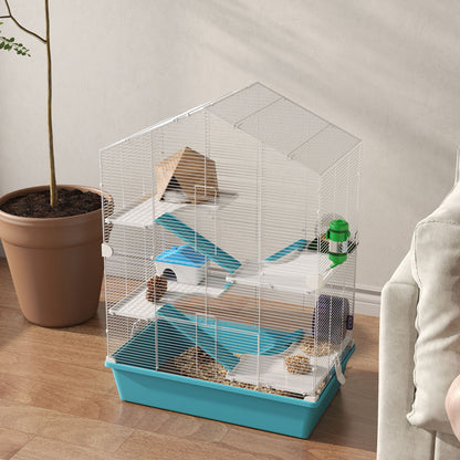 5-Tier Hamster Cage Small Animal House with Platforms Bowl Drinker Hut Ramps and Exercise Wheel 58x36x81 cm Light Blue
