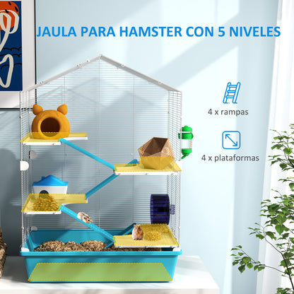 5-Tier Hamster Cage Small Animal House with Platforms Bowl Drinker Hut Ramps and Exercise Wheel 58x36x81 cm Light Blue