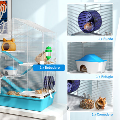 5-Tier Hamster Cage Small Animal House with Platforms Bowl Drinker Hut Ramps and Exercise Wheel 58x36x81 cm Light Blue