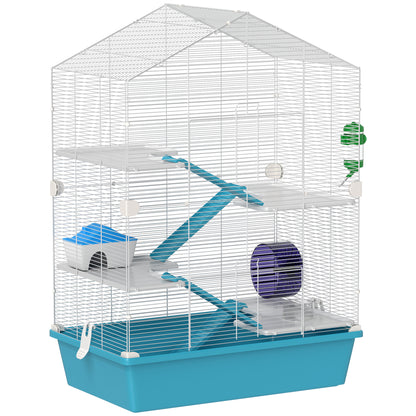 5-Tier Hamster Cage Small Animal House with Platforms Bowl Drinker Hut Ramps and Exercise Wheel 58x36x81 cm Light Blue